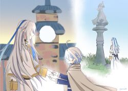  1boy 1girl ahoge clock clock_tower cosplay frieren frieren_(cosplay) furina_(genshin_impact) genshin_impact grass hashtag-only_commentary highres himmel_(sousou_no_frieren) himmel_(sousou_no_frieren)_(cosplay) long_hair neuvillette_(genshin_impact) pointy_ears reiu_(rriuette) short_hair sousou_no_frieren statue tower white_hair 