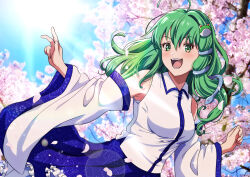  1girl blush breasts cherry_blossoms commentary_request detached_sleeves falling_petals frog_hair_ornament green_eyes green_hair hair_ornament hair_tubes highres kochiya_sanae large_breasts long_hair long_sleeves looking_at_viewer murasaki_tsutsuji open_mouth outdoors petals skirt smile snake_hair_ornament solo sunlight touhou 