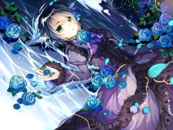  1boy ahoge animal_ear_fluff animal_ears arm_at_side blue_flower blue_petals blue_rose cat_boy cat_ears center_frills closed_mouth commentary commission cowboy_shot crossdressing crossdressing_(mtf) double-parted_bangs dress english_commentary expressionless flipped_hair flower frilled_dress frilled_sleeves frills from_above green_eyes hair_between_eyes hand_up highres juliet_sleeves leaf light_frown long_sleeves looking_at_viewer lying male_focus on_back pale_skin partially_submerged petals puffy_sleeves purple_dress rose ryoune_yami short_hair solo swept_bangs trap ultracat utau water 