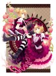  1girl blonde_hair blue_eyes brother_and_sister dress frills hat highres joycejiang kagamine_len kagamine_rin open_mouth pantyhose short_hair siblings smile striped striped_legwear twins vocaloid wrist_cuffs 