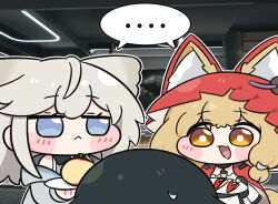  ... 3girls :< :d animal_ear_fluff animal_ears apple apple_slice arknights arknights:_endfield beleullin bird_ears bird_girl blonde_hair blue_eyes brown_eyes cape chibi chibi_only commentary_request dress ears_through_headwear endministrator_(arknights) fang female_endministrator_(arknights) food fruit grey_hair grey_jacket highres holding holding_plate hood hood_up hooded_cape jacket korean_commentary multiple_girls open_mouth perlica_(arknights) plate red_cape rossi_(arknights) shared_speech_bubble skin_fang smile speech_bubble spoken_ellipsis tail white_dress 
