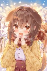  1girl :3 :d absurdres animal_ears blush braid breasts breathing_on_hands brown_eyes brown_hair buttons cardigan commentary day dog_ears dog_girl dog_tail dot_nose double-parted_bangs fangs floppy_ears hair_between_eyes hair_intakes hands_up highres hololive inugami_korone large_breasts long_hair long_sleeves looking_at_viewer open_cardigan open_clothes open_mouth outdoors red_skirt shirt skirt smile solo tail twin_braids upper_body virtual_youtuber wasemkn white_shirt winter yellow_cardigan 