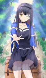  1girl ;) absurdres arm_at_side backlighting black_camisole black_choker black_hair black_hairband black_skirt blue_capelet blush camisole capelet choker closed_mouth collarbone commentary_request day eyelashes feet_out_of_frame frilled_capelet frilled_choker frills hair_between_eyes hairband hand_up highres kushima_kamome kyuu_(4hrk12) long_hair looking_at_viewer medium_skirt on_suitcase one_eye_closed outdoors outstretched_hand reaching reaching_towards_viewer sitting sitting_on_suitcase skirt smile solo split_mouth straight_hair suitcase summer_pockets sunlight very_long_hair yellow_eyes 