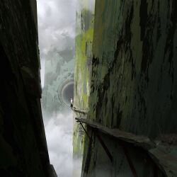  1girl bridge condensation from_side full_body highres maojinlee original outdoors robe scenery sheep skirt solo standing very_wide_shot window_fog wooden_bridge 