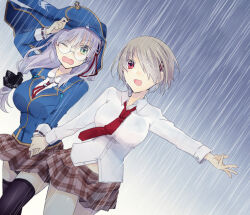  brown_hair commentary_request fang glasses green_eyes grey_hair hair_ornament hair_over_one_eye hairpin heaven_burns_red holding_hands izumi_yuki_(heaven_burns_red) japanese_clothes kayamori_ruka kimono necktie one_eye_closed praying rain red_eyes school_uniform short_hair skin_fang uyuki_(ouun) 
