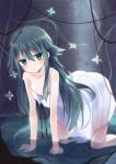  all_fours bare_shoulders blush breasts butterfly censor_hair cleavage collarbone convenient_censoring dress green_eyes green_hair kyuri long_hair looking_at_viewer parted_lips partially_submerged saya saya_no_uta see-through_silhouette solo strap_slip water white_dress 