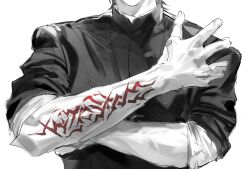  1boy absurdres cross cross_necklace fate/stay_night fate_(series) greyscale hand_up head_out_of_frame highres humumi2306661 jewelry kotomine_kirei male_focus monochrome necklace popped_collar priest simple_background sleeves_rolled_up solo spot_color straight-on toned toned_male upper_body veins veiny_arms white_background 