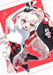  1girl animal_ears black_boots boots bow braid choker commentary_request diamond_(shape) diamond_facial_mark dress facial_mark gloves hat heart heart_facial_mark highres holding honkai:_star_rail honkai_(series) monocle multicolored_hair pink_eyes rabbit_ears red_streaks side_braid single_glove siu_zj smile sparkle_(honkai:_star_rail) sparxie_(honkai:_star_rail) streaked_hair teeth twintails upper_teeth_only v white_hair 