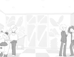  4boys adachi_tooru apron blinking_inside_eyes box closed_eyes closed_mouth collared_shirt greyscale hanamura_yousuke hand_on_own_head highres holding holding_box in-universe_location indoors jacket kkyagdoyo164972 kuma_(persona_4) looking_at_another looking_to_the_side male_focus mascot_costume monochrome multiple_boys narukami_yu necktie open_mouth pants persona persona_4 shirt shop short_hair standing suit walking 