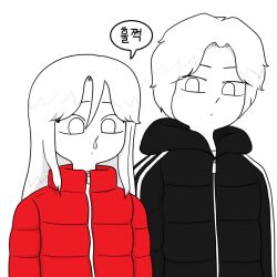  1boy 1girl closed_mouth commentary down_jacket jacket jia_han kkamziru long_hair short_hair snot song_hyun_min spicy_couple upper_body webtoon 