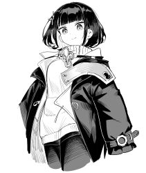 1girl absurdres arknights arknights:_endfield black_coat black_hair black_pantyhose blunt_bangs closed_mouth coat commentary_request cowboy_shot endministrator_(arknights) female_endministrator_(arknights) frogsnake greyscale highres long_sleeves looking_at_viewer monochrome open_clothes open_coat pantyhose short_hair simple_background solo sweater white_background 