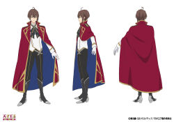  1boy ahoge anime_coloring ascot belt black_ascot black_boots black_pants boots brown_eyes brown_hair cloak closed_mouth collared_jacket commentary_request crossed_bangs full_body gloves hair_between_eyes highres jacket long_sleeves looking_at_viewer multiple_views official_art ouji_ryuunosuke outstretched_arm pants red_cloak reference_sheet short_hair simple_background smile solo standing tensai_ouji_no_akaji_kokka_saiseijutsu transparent_background wein_salema_arbalest white_belt white_gloves white_jacket 