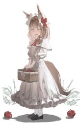  1girl animal_ears apple arknights arknights:_endfield basket black_shoes blonde_hair blush bow dress food fruit full_body hair_bow highres holding holding_basket kotowaza medium_hair open_mouth red_bow rossi_(arknights) shoes simple_background socks solo standing tail white_background white_dress white_socks wolf_ears wolf_girl wolf_tail yellow_eyes 