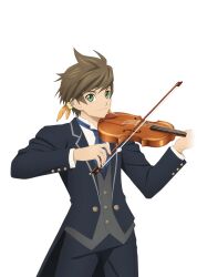  1boy artist_request black_coat black_pants blue_necktie brown_hair closed_mouth coat cowboy_shot earrings feather_earrings feathers game_cg green_eyes grey_suit holding holding_instrument holding_violin instrument jewelry looking_at_viewer music necktie official_alternate_costume official_art orange_feathers pants playing_instrument playing_violin short_hair smile solo sorey_(orchestra)_(tales) sorey_(tales) standing suit tales_of_(series) tales_of_asteria tales_of_zestiria third-party_source transparent_background violin 