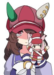  1girl animal_ears bow bowtie brown_hair closed_mouth ears_through_headwear hand_puppet hand_up hat highres horse_ears long_hair long_sleeves looking_at_viewer marche_lorraine_(umamusume) puppet purple_shirt red_eyes red_hat school_uniform shaded_face shirt simple_background solo straight-on sudzume tracen_school_uniform umamusume upper_body white_background 