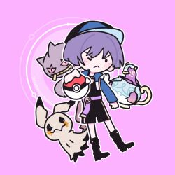  1boy :< alternate_costume aracanthus38633 arm_at_side banette belt black_boots black_shirt black_shorts blue_hat blue_jacket blue_sleeves blunt_ends blush_stickers boots broken_glass casual choppy_bangs closed_mouth collared_jacket contemporary cropped_jacket crossover full_body genshin_impact ghost glass hand_up hat highres holding holding_poke_ball jacket kettle looking_at_viewer mimikyu negative_space one_eye_closed open_clothes open_jacket outline parody peaked_cap pink_background poke_ball pokemon pokemon_(creature) polteageist popped_collar purple_belt purple_hair scaramouche_(genshin_impact) shirt shorts solo undershirt white_outline 
