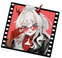  1girl adjusting_eyewear arknights arm_tattoo black_jacket colored_extremities colored_skin commentary dragon_girl dragon_horns earrings film_strip_border hand_up highres horns jacket jewelry kobuchan looking_at_viewer looking_over_eyewear multicolored_hair nian_(arknights) nian_(thunderbolt_director)_(arknights) official_alternate_costume ponytail red-tinted_eyewear red_shirt red_skin red_streaks shirt solo streaked_hair sunglasses tassel tassel_earrings tattoo tinted_eyewear untranslatable_commentary upper_body violet_eyes white_hair 