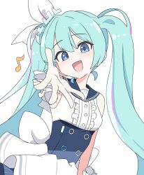  1girl absurdres aqua_hair aqua_halo blue_archive blue_eyes bow center_frills foreshortening frills fukunao halo hatsune_miku hatsune_miku_(blue_archive) highres multicolored_hair open_mouth reaching reaching_towards_viewer streaked_hair twintails vocaloid 
