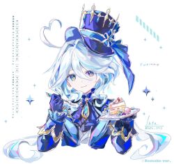  1girl ascot blue_ascot blue_eyes blue_gem blue_gloves blue_hair blue_hat blue_jacket cake cake_slice character_name cropped_torso eating english_text food fork furina_(genshin_impact) gem genshin_impact gloves hair_intakes hands_up hat highres holding holding_fork jacket long_sleeves looking_at_viewer luta_(luta_1013) medium_hair multicolored_eyes multicolored_hair ouji_fashion revision signature simple_background solo star-shaped_pupils star_(symbol) streaked_hair symbol-shaped_pupils top_hat twitter_username upper_body violet_eyes white_background white_hair 