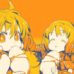  2girls ^_^ ahoge athena_2.0 breasts closed_eyes closed_mouth eating food food_request full_mouth hair_ribbon headband holding holding_food julia_lindum low-tied_sidelocks medium_breasts monochrome multiple_girls official_art orange_theme orion_(orionproject) rance_(series) ribbon roasted_sweet_potato sidelocks sweet_potato twintails upper_body 