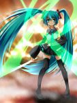  alric bare_shoulders detached_sleeves glow_stick green_eyes green_hair hatsune_miku long_hair looking_at_viewer necktie skirt solo thigh-highs thighhighs twintails very_long_hair vocaloid 