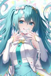  1girl absurdres aqua_eyes aqua_hair aqua_necktie aqua_skirt arm_up armpit_crease blush bow breasts closed_mouth commentary detached_sleeves hair_between_eyes hair_bow hair_ornament hatsune_miku highres hiramado_miku kowareta_sekai_to_utaenai_miku long_hair long_sleeves looking_at_viewer miku_day necktie official_alternate_costume official_alternate_hairstyle pleated_skirt project_sekai sakuno_(sksk_sakuno) simple_background skirt smile solo spoilers tongue tongue_out twintails upper_body very_long_hair vocaloid white_background x_hair_ornament 