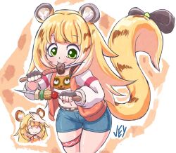  1girl animal_ears eating headpat ju_fufu long_hair skewer tiger_ears tiger_girl tiger_tail zenless_zone_zero 