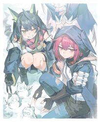  3girls absurdres amiya_(arknights) amiya_(medic)_(arknights) animal_ears arknights ascot bare_legs black_coat black_gloves black_hair black_shoes black_shorts blue_coat blush border character_snowman coat colored_tips commentary crownslayer_(arknights) denim dopperu_ben dress foot_out_of_frame frown full_body fur-trimmed_coat fur_trim gloves green_dress green_hair grin gyaru_v highres hood hood_up jeans kal'tsit_(arknights) leaning_forward looking_at_viewer mon3tr_(arknights) multicolored_hair multiple_girls one_eye_closed outdoors pants red_eyes red_hair red_scarf scarf shirt shoes shorts smile snegurochka_(arknights) snowman squatting torn_clothes torn_dress torn_jeans torn_pants untranslatable_commentary v white_ascot white_border white_shirt yellow_eyes 