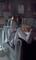  1girl absurdres aqua_hair barefoot chair cokei commentary couch cushion dress foot_out_of_frame forehead green_eyes handheld_game_console highres holding indoors monogatari_(series) on_couch ononoki_yotsugi orange_dress pantyhose parted_bangs picture_frame pillow playing_games playing_video_games playstation_portable shirt short_sleeves sidelocks solo table trash_can twintails unworn_dress white_pantyhose white_shirt window 