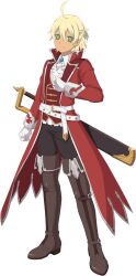  1boy ahoge artist_request black_pants blonde_hair boots brown_boots clenched_hands coat emil_castagnier emil_castagnier_(knight_uniform) full_body game_cg gloves green_eyes hand_on_own_chest highres looking_at_viewer official_alternate_costume official_art pants red_coat sheath sheathed short_hair solo standing sword tales_of_(series) tales_of_asteria tales_of_symphonia tales_of_symphonia_knight_of_ratatosk thigh_boots third-party_source transparent_background weapon white_gloves 