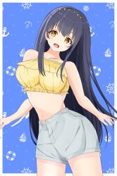  1girl :d \||/ alternate_costume aqua_nails bare_shoulders black_hair blue_background blush border breasts collarbone commentary_request cowboy_shot crop_top cropped_shirt eyelashes frilled_shirt frills grey_shorts hair_between_eyes hairband highres kushima_kamome kyuu_(4hrk12) large_breasts long_hair looking_at_viewer nail_polish navel open_mouth outside_border shirt shorts sidelocks simple_background smile solo stomach straight_hair summer_pockets very_long_hair white_border yellow_eyes yellow_hairband yellow_shirt 