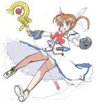  blue_eyes brown_hair fingerless_gloves gloves highres looking_at_viewer lyrical_nanoha mahou_shoujo_lyrical_nanoha open_mouth raising_heart sketch smile solo staff takamachi_nanoha tonbo twintails work_in_progress 