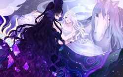  2girls ad_lunam_(shining_nikki) bow circlet clouds commentary dancing dress english_commentary eye_contact fake_horns feet_out_of_frame floating_clothes from_behind godfall_omens_(shining_nikki) gown grey_eyes hair_bow hair_over_one_eye hand_on_another's_hip hand_on_another's_shoulder happy highres holding_hands horns interlocked_fingers jewelry large_bow light_particles lipstick long_dress long_hair looking_at_another makeup multiple_girls nail_polish naru_gf nikki_(series) open_mouth parted_lips pink_lips pointy_nose purple_bow purple_dress purple_hair purple_nails shining_nikki sleeveless sleeveless_dress smile space spaghetti_strap teeth translucent_horns unicorn unicorn_horn upper_teeth_only very_long_hair violet_eyes wavy_hair white_dress white_hair yuri 