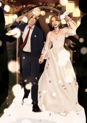  1boy 1girl absurdres blonde_hair claire_redfield commentary couple dress english_commentary formal_clothes highres holding_hands kakemakes leon_s._kennedy long_hair necktie red_hair resident_evil suit wedding 