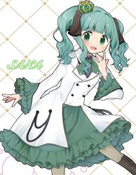  1girl argyle_background black_boots black_bow blunt_bangs boots bow bowtie bubble buttons character_name coat collared_shirt commentary_request crown dot_nose double-breasted feet_out_of_frame flower frilled_skirt frilled_sleeves frills futaba_sana green_bow green_bowtie green_crown green_eyes green_flower green_hair green_pantyhose green_rose green_skirt hair_bow hand_on_own_chin happy_candy_ooo jewelry lace-trimmed_bow lace_trim lapels leaning_forward light_blush long_hair long_sleeves magia_record:_mahou_shoujo_madoka_magica_gaiden mahou_shoujo_madoka_magica medium_skirt mini_crown notched_lapels open_mouth pantyhose purple_skirt ring rose shirt sidelocks skirt smile solo star_(symbol) star_symbol_background tareme twintails wavy_hair white_background white_coat 