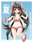  ahoge aosode bikini blush bow brown_eyes brown_hair hair_bow hair_tubes hakurei_reimu leg_lift long_hair looking_at_viewer navel payot red_bikini sandals smile soda_can solo swimsuit touhou very_long_hair 