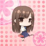  1girl bag blush brown_eyes brown_hair character_name chibi idolmaster idolmaster_cinderella_girls looking_back mizumoto_yukari ooji school_uniform skirt solo 