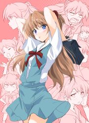  1girl absurdres anger_vein bag black_bag blue_eyes blush chibi closed_eyes commentary_request highres interface_headset_(evangelion) komatsu_eiji long_hair looking_at_viewer neon_genesis_evangelion open_mouth school_bag school_uniform short_sleeves smile souryuu_asuka_langley tokyo-3_middle_school_uniform tongue tongue_out two_side_up 