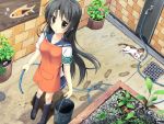  apron black_hair brown_eyes bucket cat footprints kokage long_hair open_mouth original plant potted_plant rubber_boots school_uniform shirt skirt solo standing water_hose water_tap 