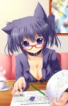  animal_ears brand_name_imitation breasts cat_ears cleavage coffee collar cup eraser fang glasses highres light_smile looking_at_viewer math original pencil purple_eyes purple_hair rankiryuu red-framed_glasses short_hair solo tombow_mono violet_eyes 