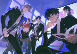  1arutan 2girls 5boys absurdres amamiya_ren amano_maya black_hair black_jacket black_pants blue_eyes blue_hair brown_hair chair classroom clock closed_mouth collared_shirt desk evoker gekkoukan_high_school_uniform glasses grey_hair gun hair_between_eyes highres holding holding_gun holding_mask holding_sword holding_weapon indoors jacket katana long_sleeves looking_at_viewer mask mp3_player multiple_boys multiple_girls narukami_yu neck_ribbon pants persona persona_1 persona_2 persona_3 persona_4 persona_5 red_eyes ribbon school_desk school_uniform seven_sisters_high_school_uniform shiomi_kotone shirt shuujin_academy_school_uniform suou_tatsuya sword toudou_naoya wall_clock weapon white_shirt yasogami_school_uniform yuuki_makoto_(persona_3) 