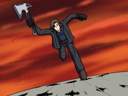  1boy axe black_gloves blonde_hair facial_hair getter_robo gloves highres holding holding_axe holding_weapon jacket leon_s._kennedy muscular muscular_male pants parody resident_evil resident_evil_requiem running sakurello scene_reference shirt short_hair solo weapon 