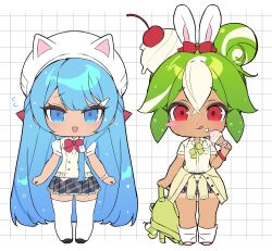  2girls :d :q absurdly_long_hair air_bubble alternate_costume animal_ears animal_hat arm_at_side backpack bag bag_charm bare_arms bare_legs black_shoes black_skirt blue_eyes blue_hair blush blush_stickers bow bowtie bracelet breasts bubble buttons cat_hat charm_(object) cherry chibi chibi_only closed_mouth clothes_around_waist collared_shirt commentary_request cookie_run cookie_run:_ovensmash cookie_run:_tower_of_adventures cream_soda_cookie crossed_bangs dark-skinned_female dark_skin dot_nose double-breasted double-parted_bangs eating fake_animal_ears flying_sweatdrops food food_on_face frilled_skirt frills fruit full_body green_bag green_bow green_bowtie green_hair grid_background hair_between_eyes hair_flaps hair_ornament hand_up hat highres holding holding_bag holding_ice_cream_cone humanization ice_cream ice_cream_cone jacket jacket_around_waist jewelry kneehighs korean_commentary long_hair melon_soda_cookie miniskirt multicolored_hair multiple_girls ohta_guk_hip open_mouth plaid_clothes plaid_skirt pleated_skirt puffy_short_sleeves puffy_sleeves rabbit_ears raised_inner_eyebrows red_bow red_bowtie red_eyes red_shoes school_uniform shirt shoes short_hair short_sleeves sidelocks simple_background single_blush_sticker skirt small_breasts smile socks standing straight-on straight_hair streaked_hair sweater_vest swept_bangs tan tanlines tareme thigh-highs tongue tongue_out tsurime very_long_hair watch watch whipped_cream white_background white_hair white_hat white_shirt white_socks white_thighhighs wide_hips yellow_jacket yellow_sweater_vest zettai_ryouiki 