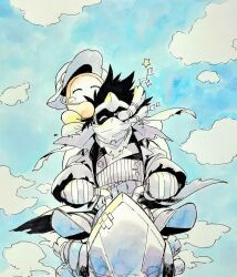  bandaid blue_sky blush_stickers closed_eyes commentary_request exhaust_pipe hat herumann0621 jacket kirby_(series) kirby_air_ride kirby_air_riders noir_dedede outdoors sky star_(symbol) torn_clothes torn_jacket waddle_dee wheelie_(kirby) 