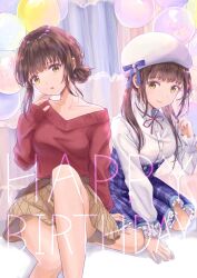  2girls arm_support asakura_karen_(heaven_burns_red) balloon beret between_legs blue_bow blue_skirt blunt_bangs bow brown_hair brown_skirt buttons casual closed_mouth collarbone commentary_request convenient_leg curtains double-breasted dual_persona eringi_mejiro eyelashes feet_out_of_frame fingernails frilled_skirt frilled_sleeves frills frown hair_bun hand_between_legs hand_up happy_birthday hat hat_bow head_tilt heaven_burns_red high-waist_skirt highres indoors knee_up leaning_forward long_hair long_sleeves looking_at_viewer medium_skirt miniskirt multiple_girls neck_ribbon official_alternate_costume official_alternate_hairstyle open_mouth plaid_clothes plaid_skirt playing_with_own_hair red_ribbon red_sweater ribbon shirt shy sidelocks single_bare_shoulder single_side_bun sitting skirt sleeves_past_wrists smile straight_hair sweater twintails wariza white_hat white_shirt yellow_eyes 