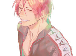  1boy adam's_apple bilingual_commentary closed_eyes closed_mouth collarbone commentary_request english_commentary free! jacket male_focus matsuoka_rin mixed-language_commentary mjo open_clothes open_jacket red_hair sharp_teeth short_hair simple_background solo teeth track_jacket white_background 