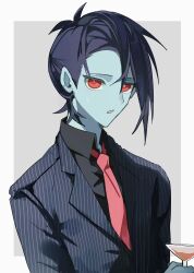  1other absurdres black_hair blue_skin business_suit colored_skin cup deltarune drinking_glass highres hikokisleep247 holding holding_cup kris_(dark_world)_(deltarune) kris_(deltarune) kris_(gangster)_(deltarune) necktie ponytail red_eyes short_hair suit utdr_(toby_fox) wine_glass 