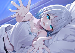  1girl babydoll bare_shoulders bed_sheet blue_eyes blush breasts collarbone commentary_request highres kaga_sumire kaga_sumire_(6th_costume) looking_at_viewer mole mole_under_eye navel on_bed open_hands open_mouth pov reaching reaching_towards_viewer short_hair small_breasts smile solo stomach syurimp vspo! window 