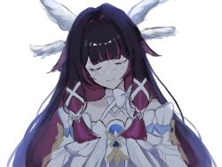  1girl black_hair bow closed_eyes closed_mouth columbina_(genshin_impact) commentary dress eye_mask facing_viewer genshin_impact hair_intakes hair_ribbon head_wings highres light_smile long_hair mask multicolored_hair purple_hair ribbon sato_0204 simple_background solo two-tone_hair untranslatable_commentary upper_body white_background white_bow white_dress white_ribbon white_wings wings 