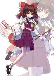  1girl absurdres ascot between_fingers black_shoes bow brown_hair commentary_request detached_sleeves frilled_bow frilled_hair_tubes frills full_body gohei grin hair_bow hair_tubes hakurei_reimu highres holding holding_gohei holding_ofuda long_hair looking_at_viewer mary_janes ofuda ofuda_between_fingers one-hour_drawing_challenge red_bow red_eyes red_skirt renshirenji ribbon-trimmed_sleeves ribbon_trim shoes skirt skirt_set smile socks solo touhou watermark white_socks yellow_ascot zoom_layer 